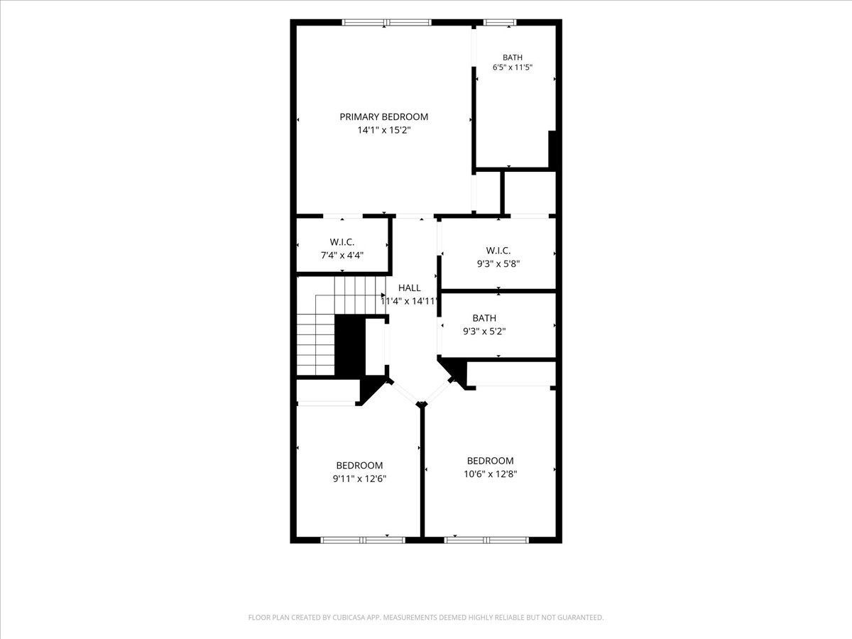Avondale Walk 3rd-floor plan: primary bedroom 14'1”×15'2” with W.I.C. and en-suite bath, two additional bedrooms 9'11”×12'6” and 10'6”×12'8”, hall bath (est.)