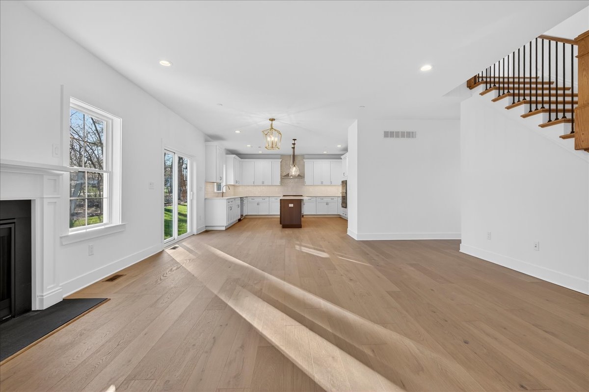 Living room with fireplace and sliding door