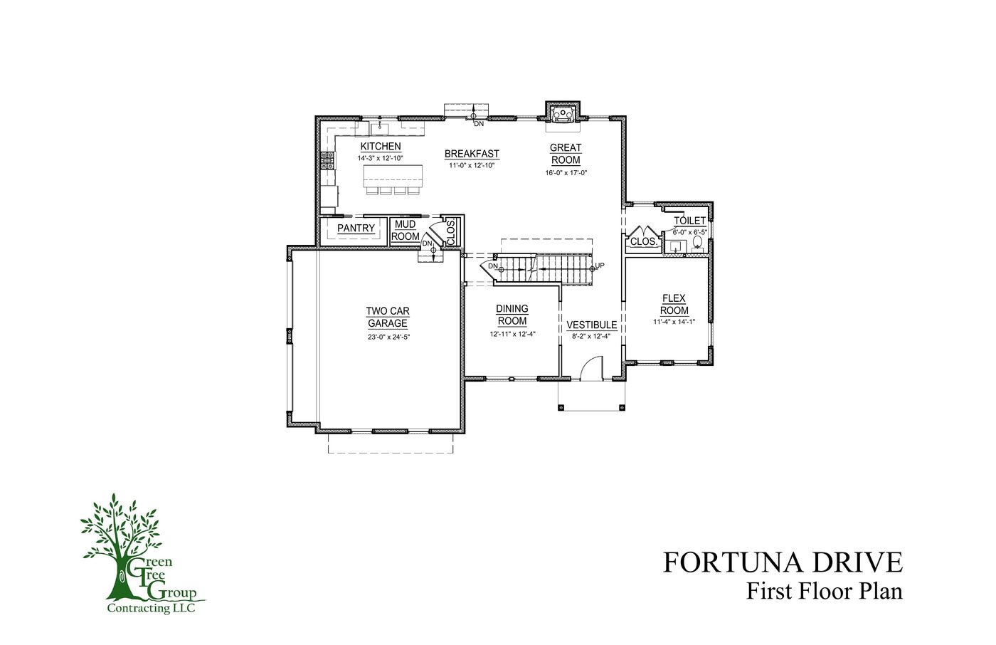 Dickerson model first floor plan: two-car garage, mud room, kitchen, breakfast, great room, dining, flex room, vestibule