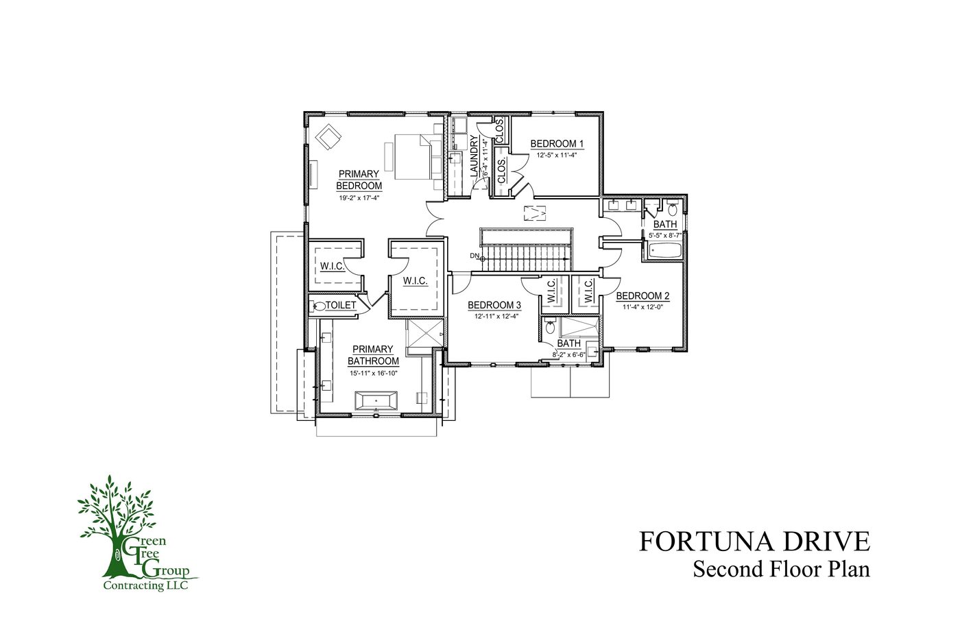 Dickerson model second floor plan: primary bedroom and bath with dual walk-ins, three additional bedrooms, hall bath, laundry