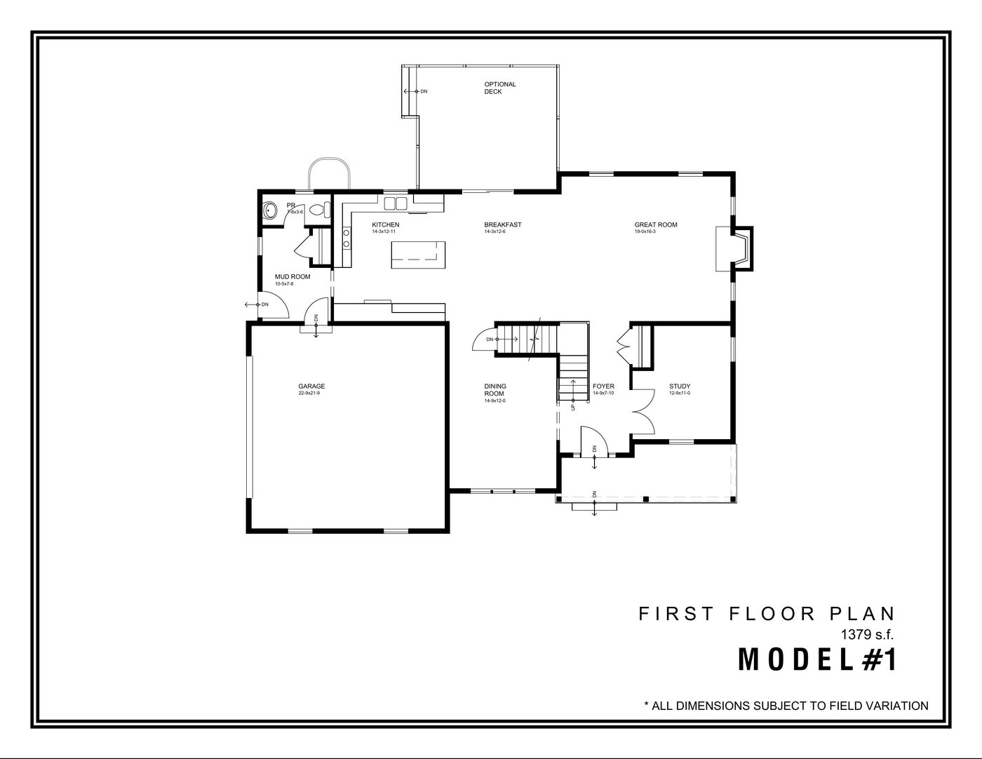 Lenape model first floor plan: foyer, study, dining, great room, breakfast, kitchen, mud room, garage, optional deck