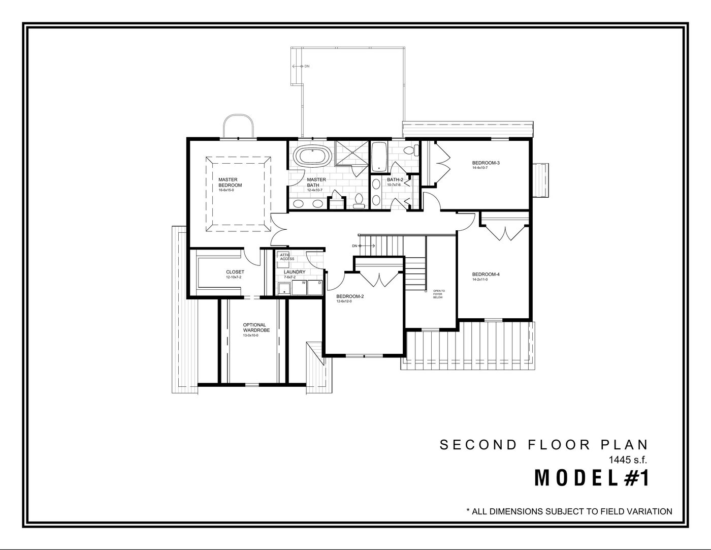 Lenape model second floor plan: primary suite with optional wardrobe, three additional bedrooms, hall bath, laundry
