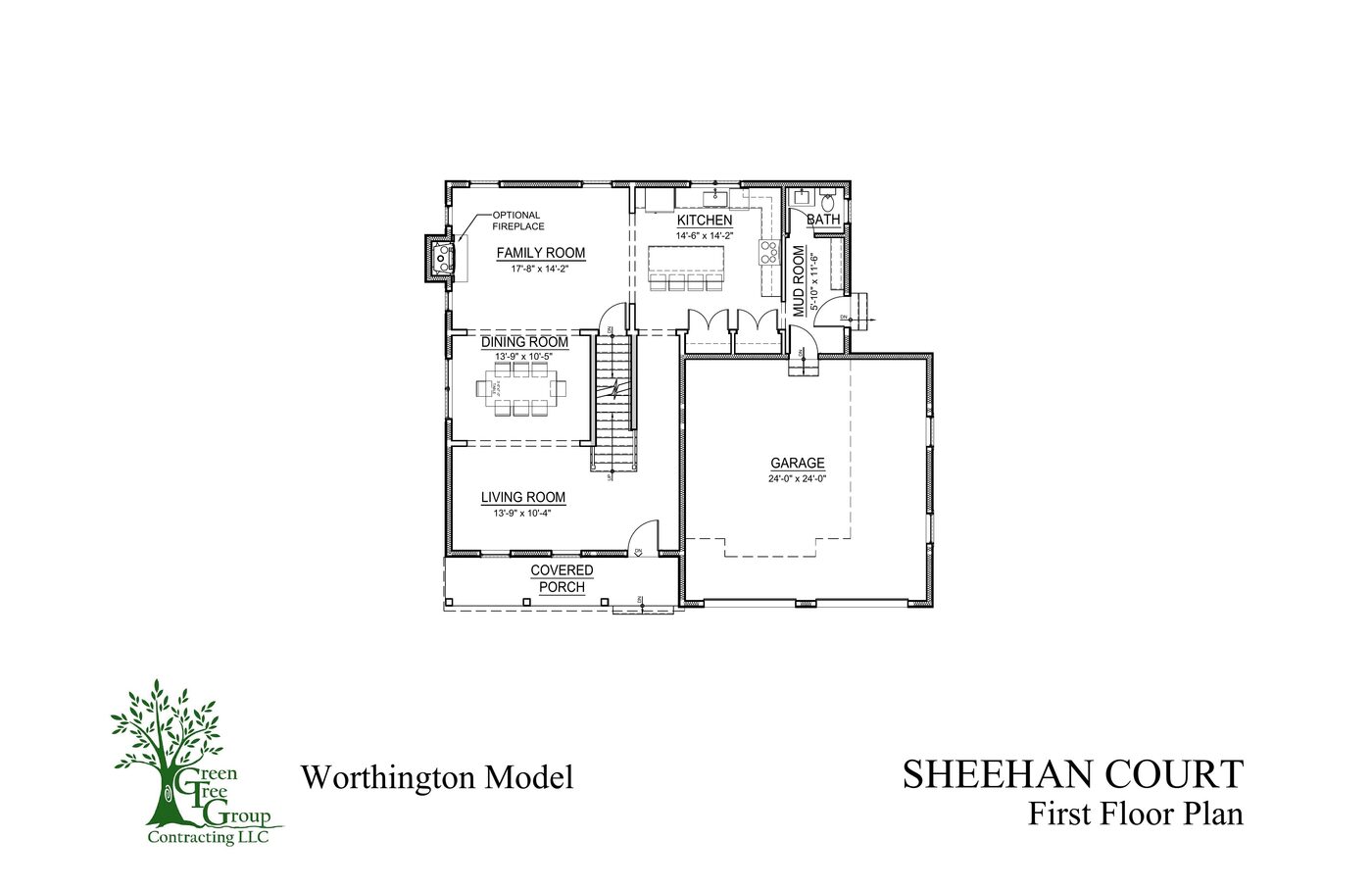 Worthington model first floor plan: living room, dining, kitchen, family room with optional fireplace, mud room, covered porch, 24-foot garage