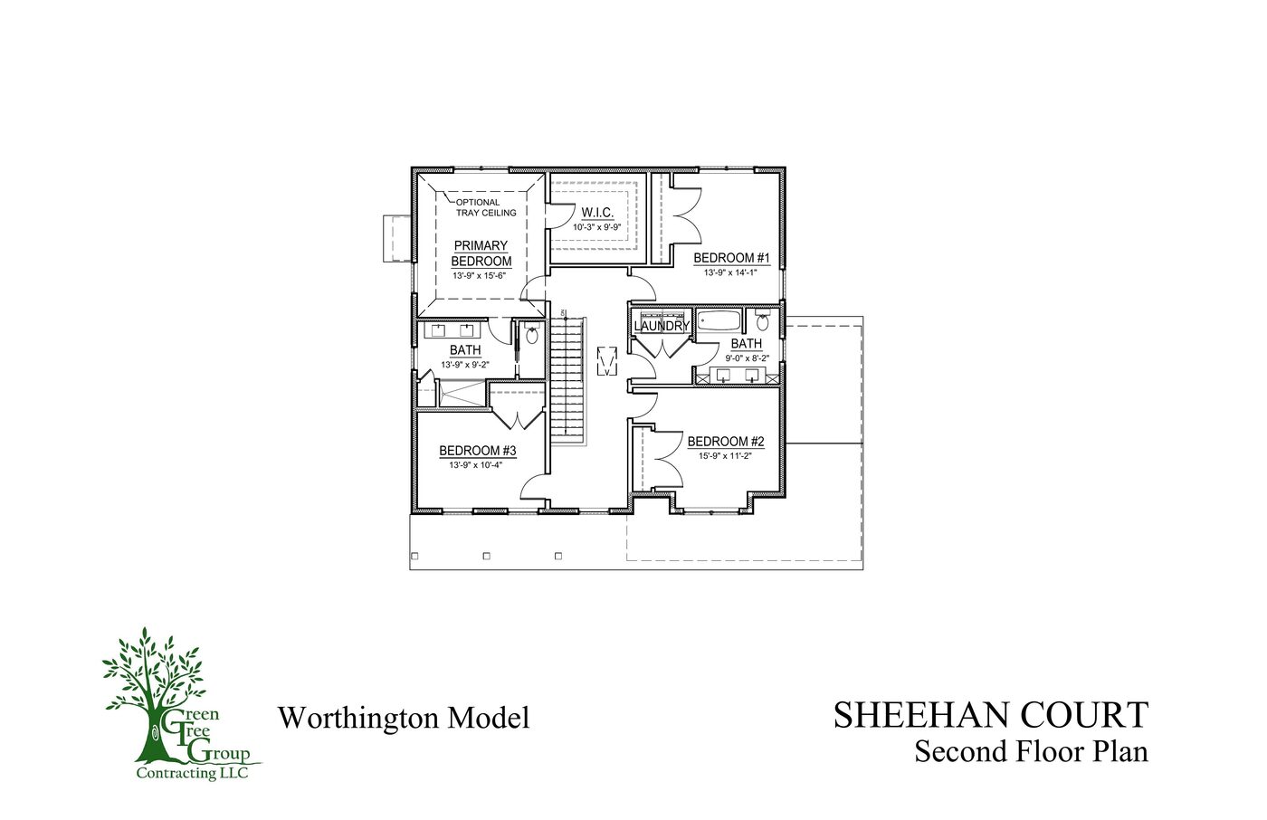Worthington model second floor plan: primary bedroom with walk-in and optional tray ceiling, three bedrooms, two full baths, laundry