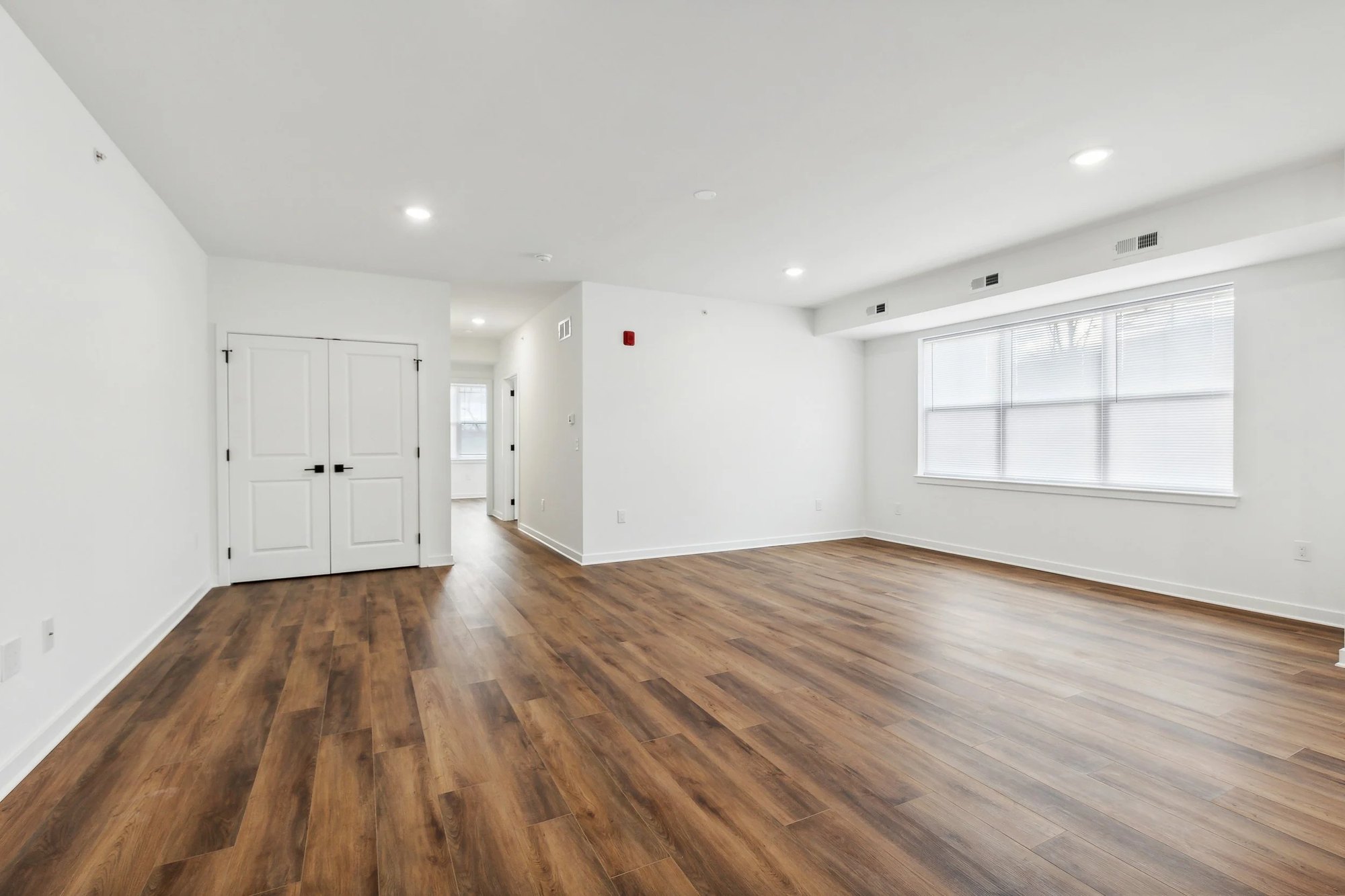 Entry and living room with wide-plank flooring and recessed lighting