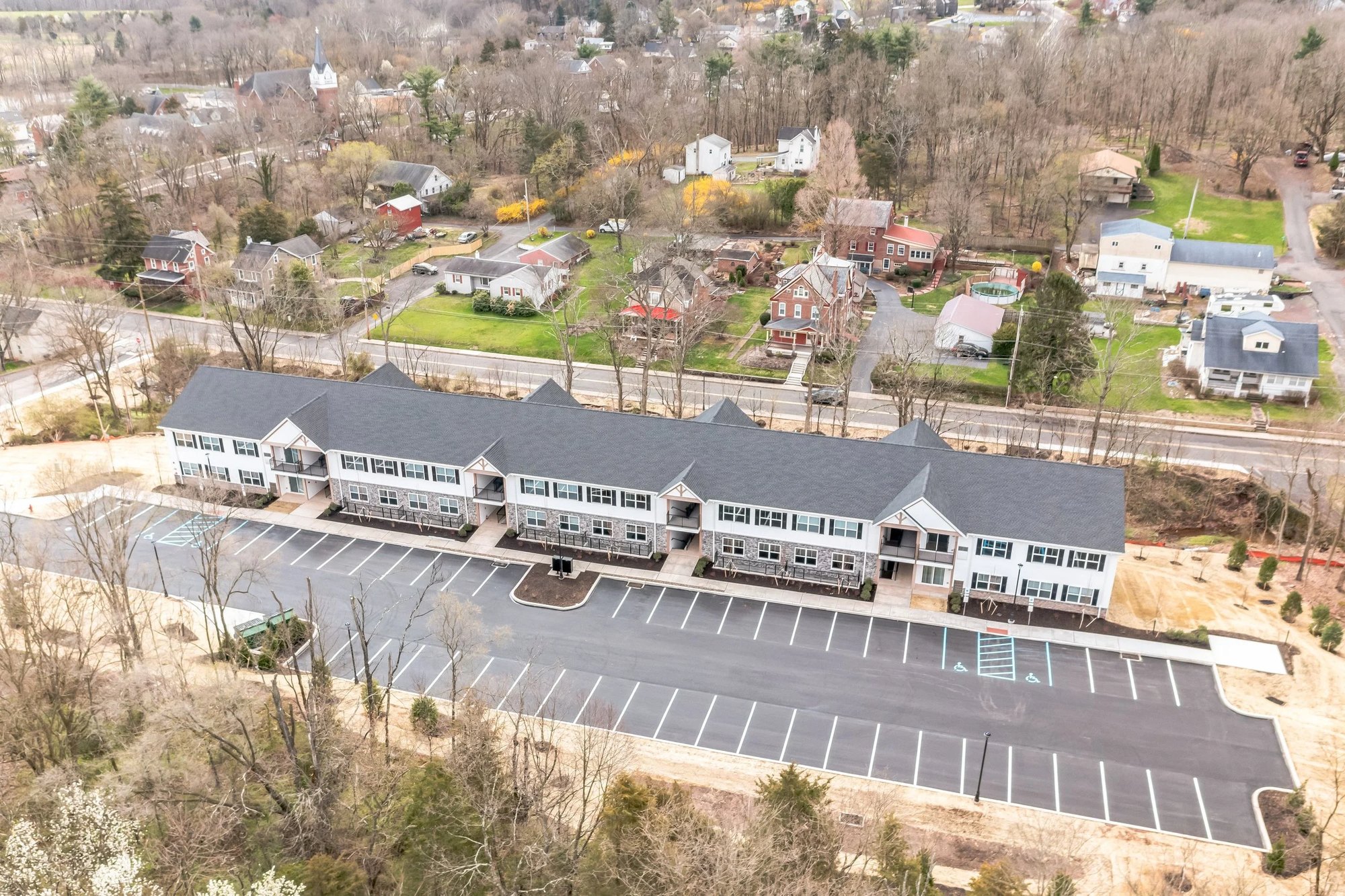 Aerial view of the 28-unit Alcove at Forest Lane building in Schwenksville, PA