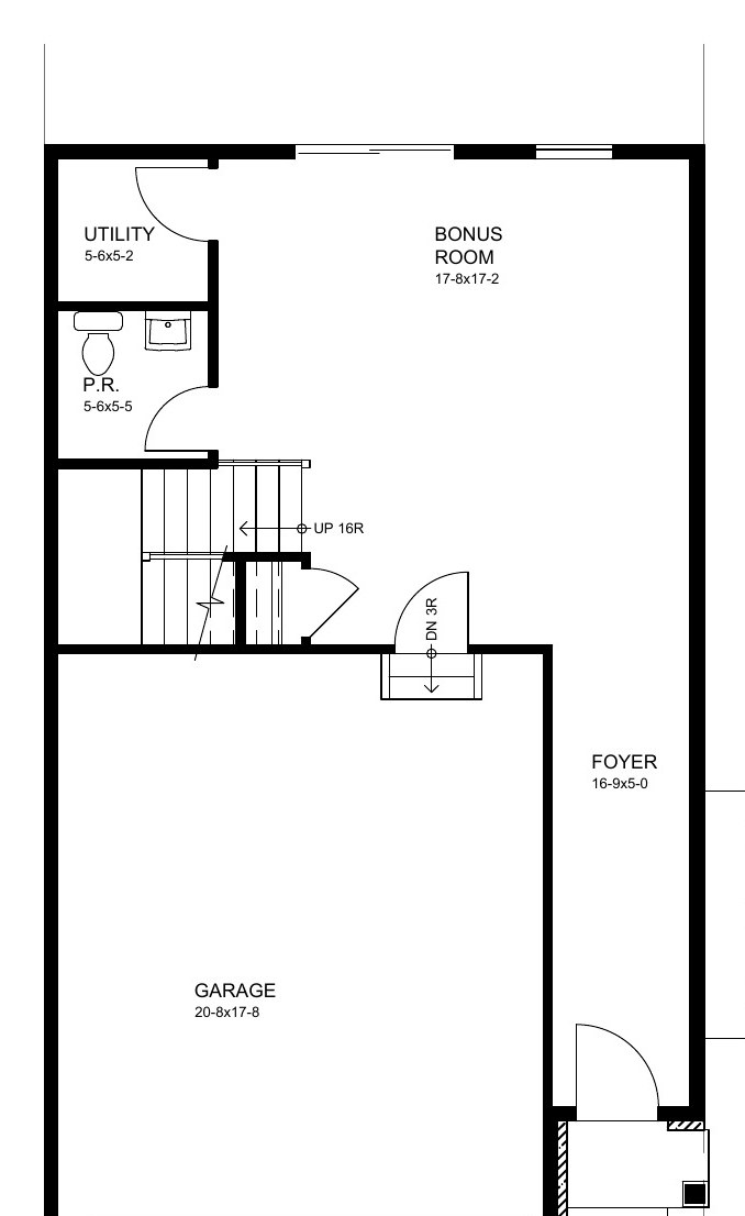 End unit first floor plan: two-car garage, foyer, bonus room, utility, powder room
