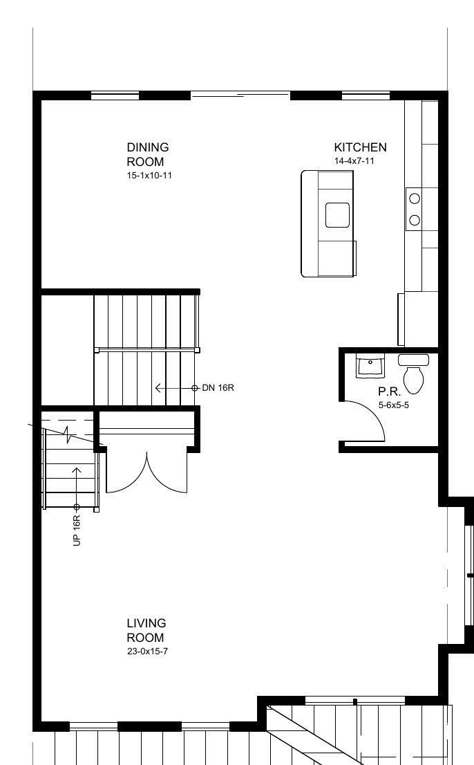End unit second floor plan: open living room, dining room, kitchen with island, powder room, side windows