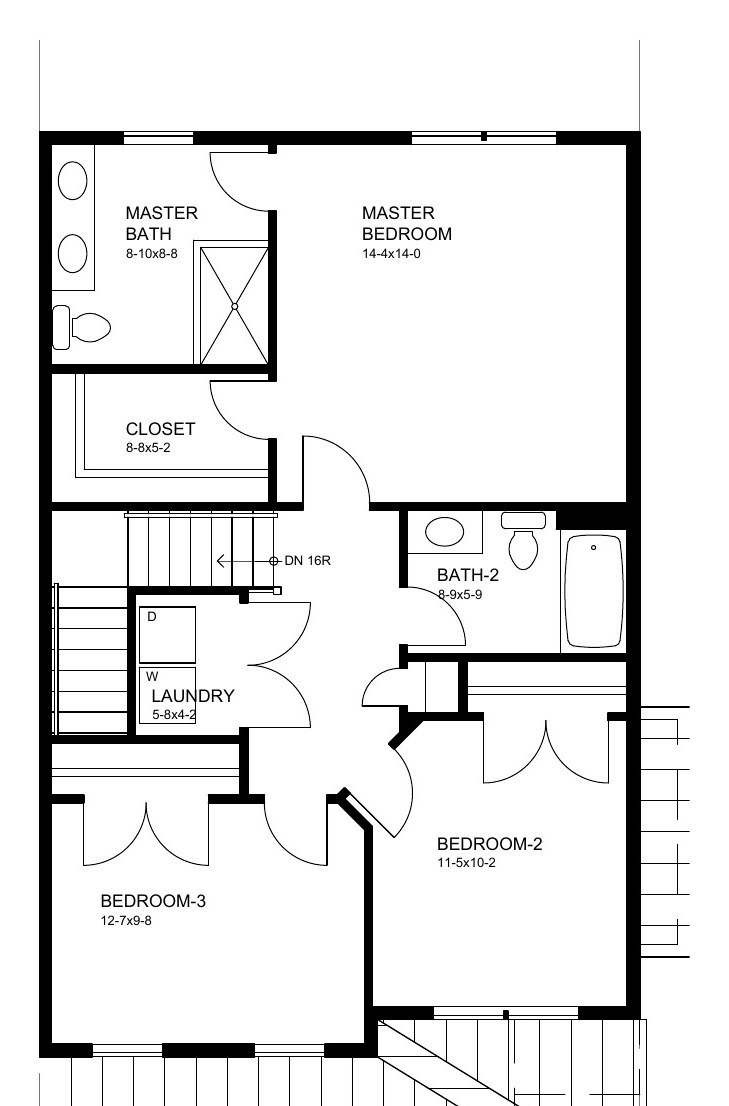 End unit third floor plan: master bedroom with bath and closet, two additional bedrooms, hall bath, laundry