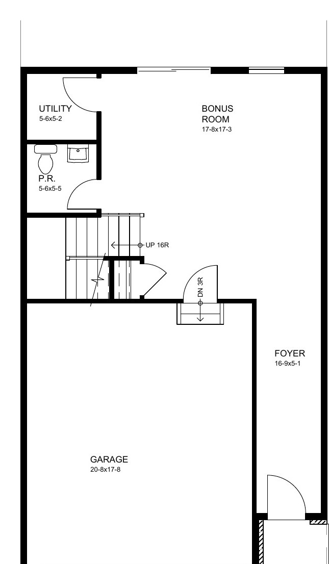 Middle unit first floor plan: two-car garage, foyer, bonus room, utility, powder room