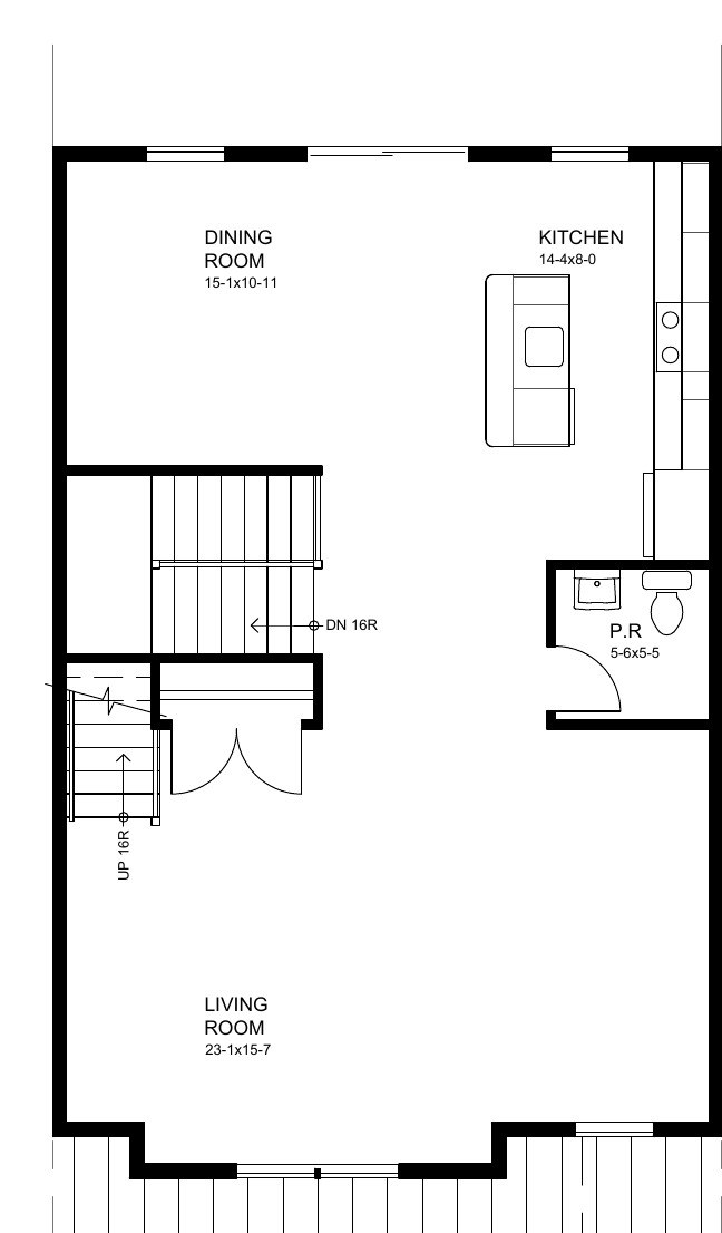 Middle unit second floor plan: open living room, dining room, kitchen with island, powder room