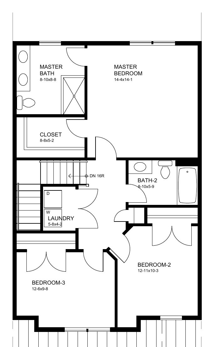 Middle unit third floor plan: master bedroom with bath and closet, two additional bedrooms, hall bath, laundry