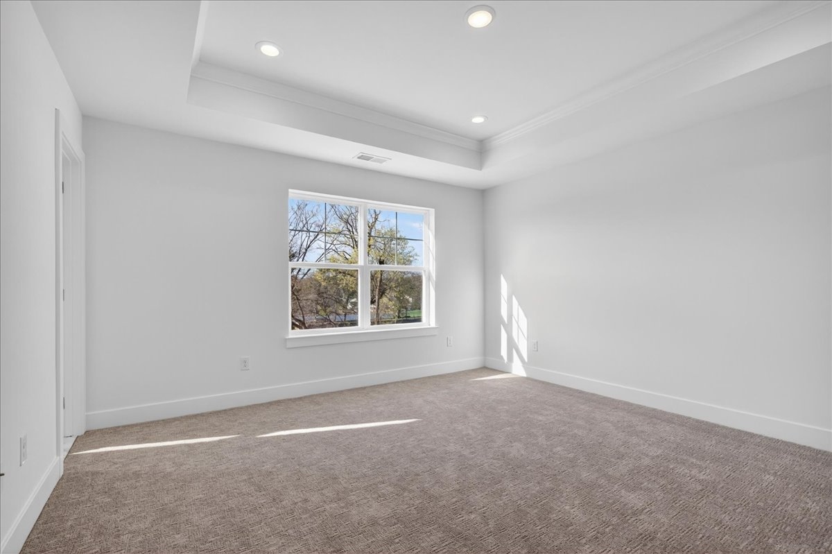 Primary suite with a tray ceiling, crown molding, and a large window with tree-line views